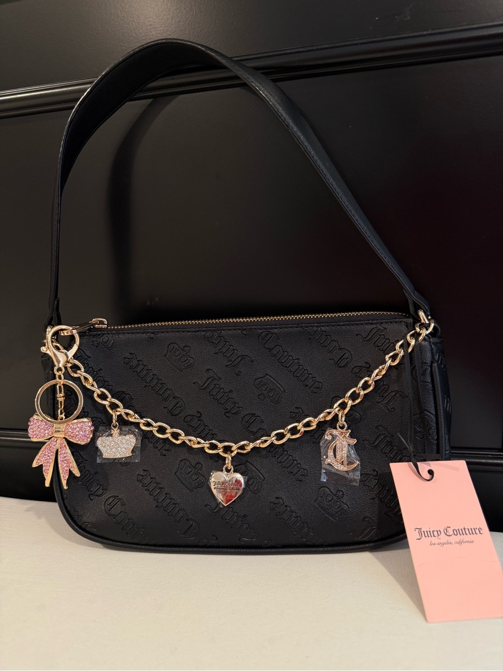 Juicy Couture Black Embossed Shoulder Bag with Gold Charm Chain